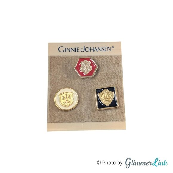 Vintage 80s Ginnie Johansen GJD Heraldic Enamel Geometric Gold Tone Pin Trio Set - Picture 1 of 11